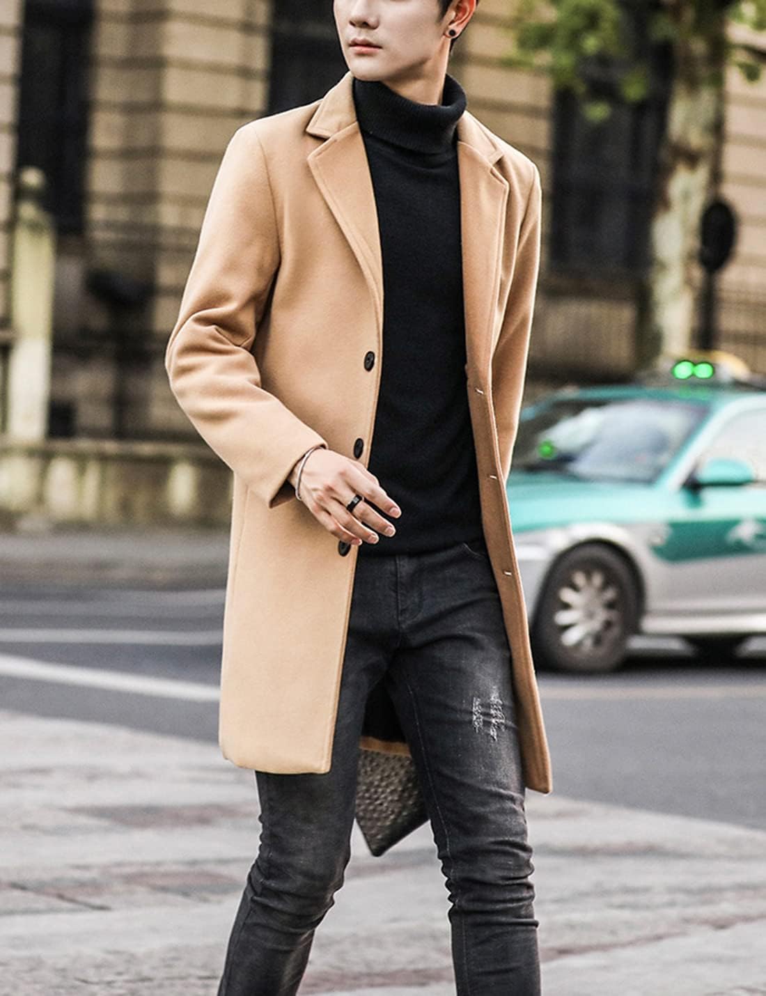 Springrain Men's Wool Blend Pea Coat Notched Collar Single Breasted Overcoat Warm Winter Trench Coat(Khaki-S)