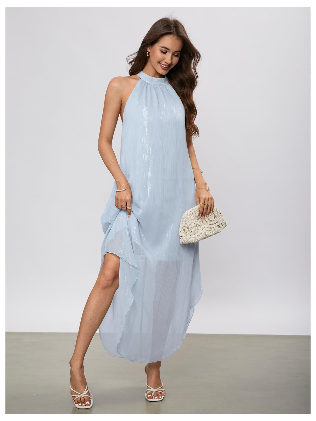 Verdusa Women's Wedding Guest Dress Halter Flowy Chiffon Asymmetrical Long Summer Prom Dress Sequin Light Blue X-Large