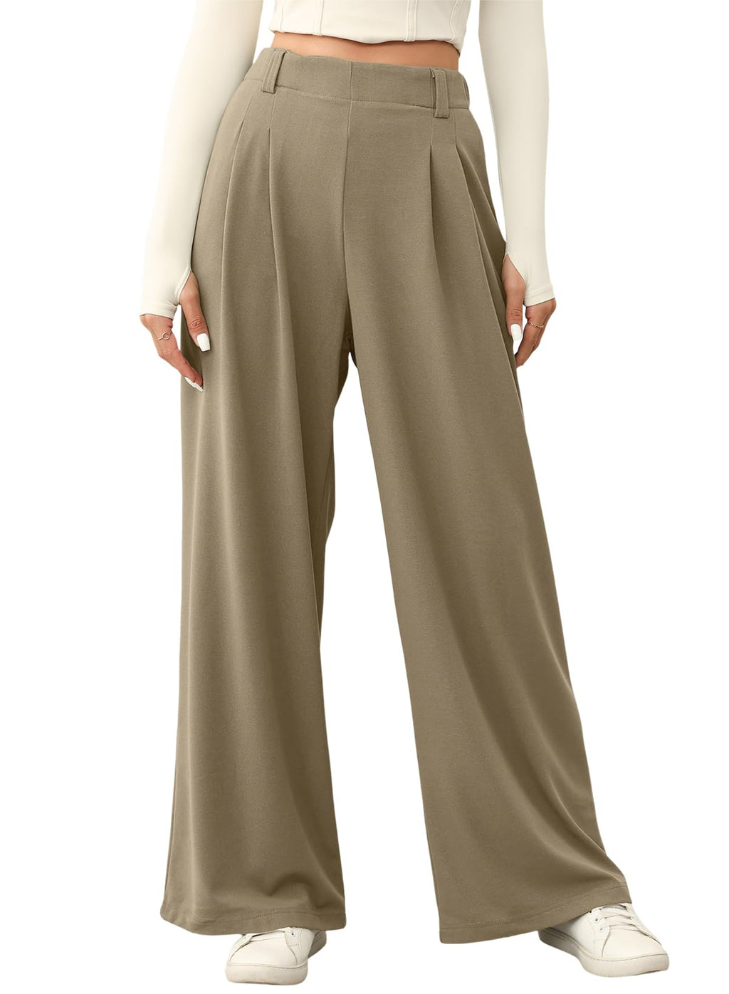 EVALESS Wide Legged Pants for Women Waffle Knit Elastic High Waisted Cute Girls Loose Fited Palazzo Pants Trousers with Pockets Petite Taupe Small