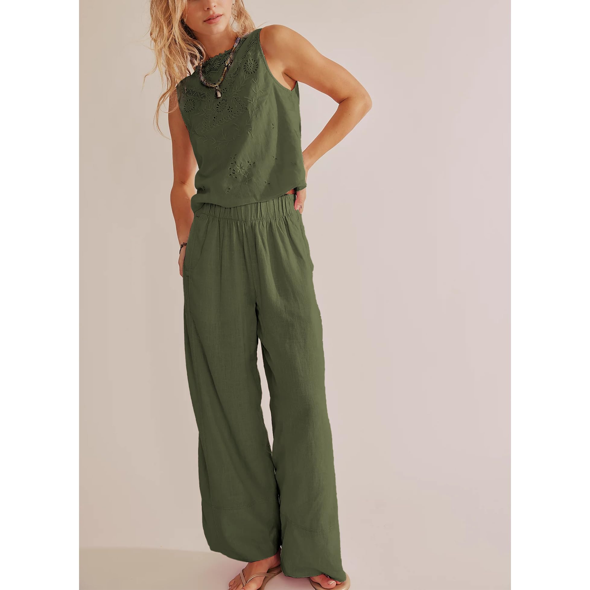 SeeLuNa Linen Pants for Women Cotton Baggy Boho Casual Palazzo Pants Wide Leg Long Lounge Trousers with Pockets(Army-Green,S)