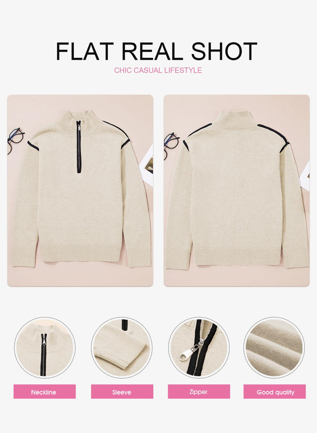 EVALESS Women's Casual Long Sleeve Quarter Zip Pullover Sweaters 2025 Fashion Trendy Fall V Neck Collar Ribbed Knitted Chunky Loose Clothes Outfits,Beige Small