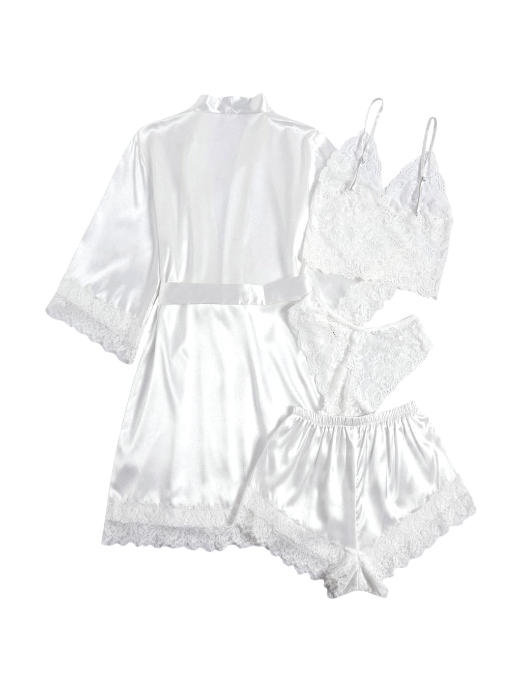 WDIRARA Women' Silk Satin Pajamas Set 4pcs Lingerie Floral Lace Cami Sleepwear with Robe Snow White L