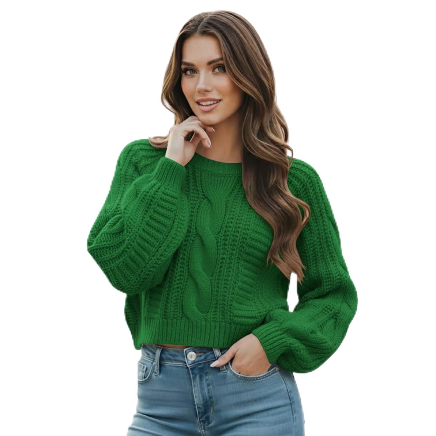 Grewear Women's Cropped Cable Knit Sweater, Soft Long Sleeve Crewneck Pullover, Casual Cozy Knit Top for Fall Winter Outfits, Gift for Women Forest Green-XS