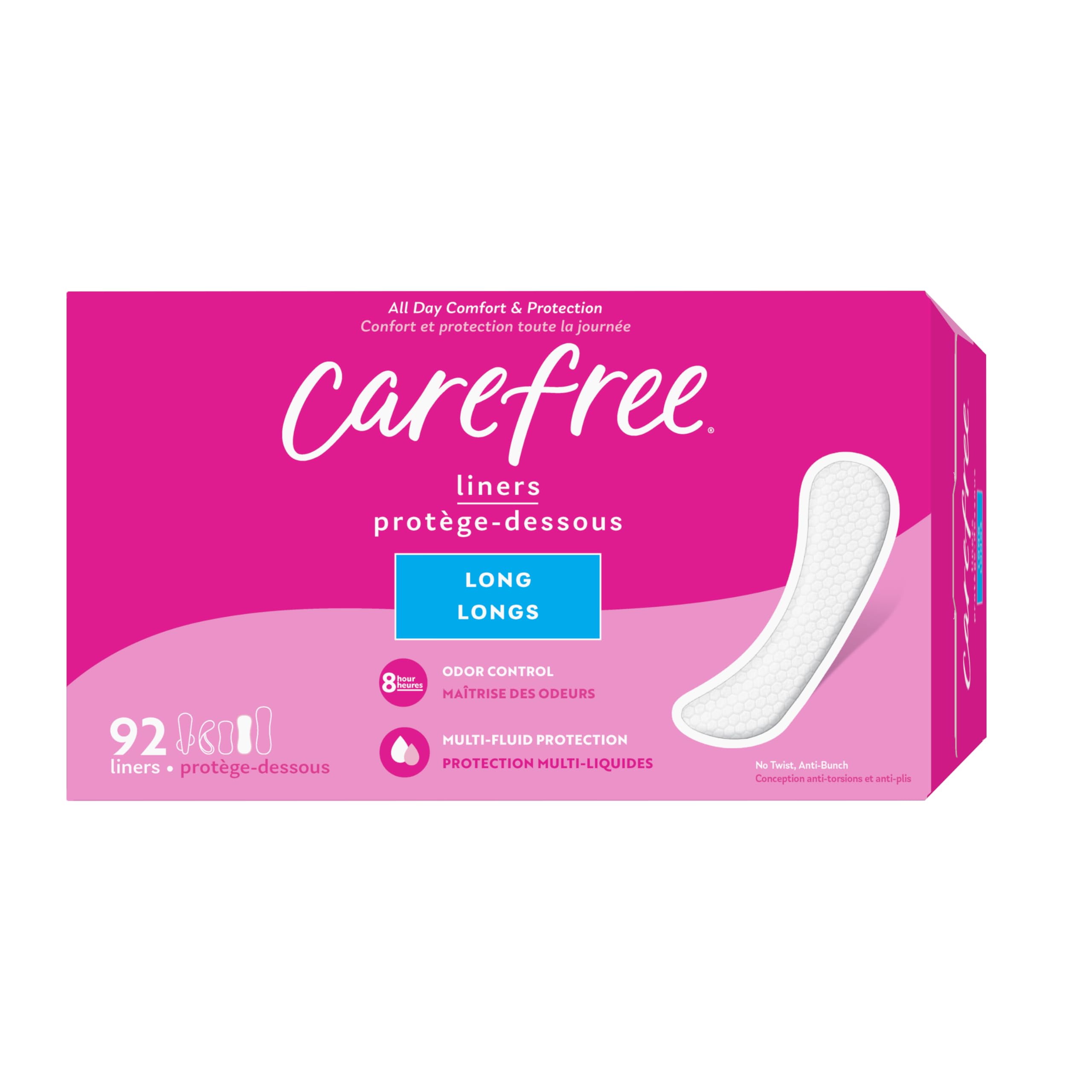 Carefree Panty Liners for Women Long, Unwrapped, Unscented, 92ct