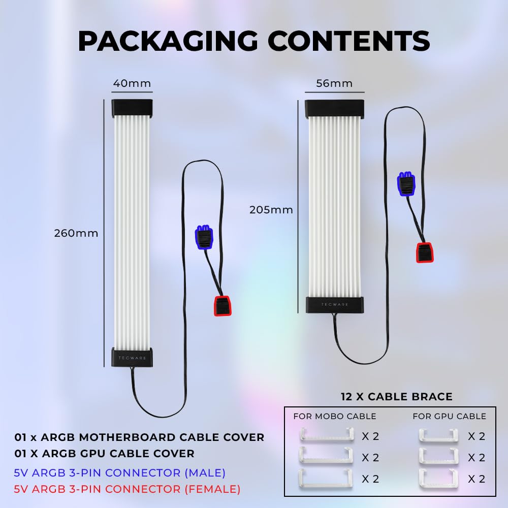 TECWARE Flex RGB Cable Cover Kit | Compatible with 24-Pin Motherboard and 8-Pin/16-Pin GPU | ARGB PSU Cable Extension with 5V 3-Pin Sync | RGB Lighting Kit for PC Cables | Black