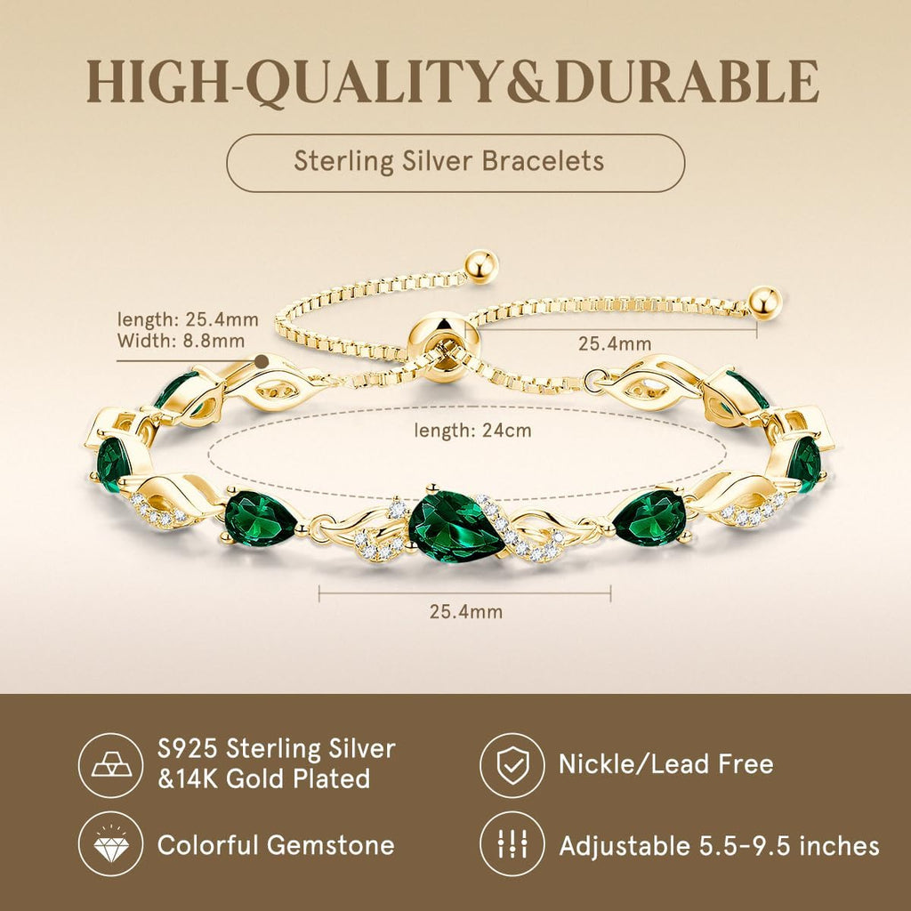 FANCIME May Birthstone Teardrop Emerald Tennis Bracelet for Women, 14K Gold Plated Sterling Silver Adjustable Slider Bracelet Fine Jewelry Anniversary Birthday Gifts for Women Mom Wife Her