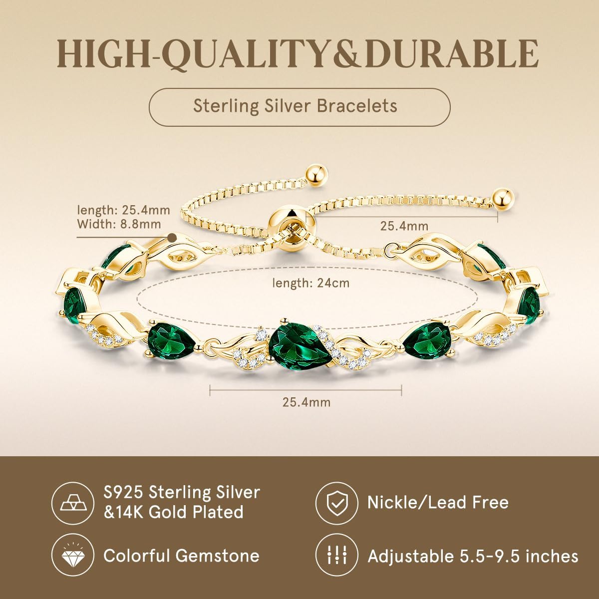 FANCIME May Birthstone Teardrop Emerald Tennis Bracelet for Women, 14K Gold Plated Sterling Silver Adjustable Slider Bracelet Fine Jewelry Anniversary Birthday Gifts for Women Mom Wife Her