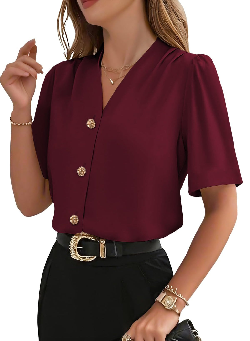 EVALESS Business Casual Tops for Women Button Down Shirts,Burgundy,Small