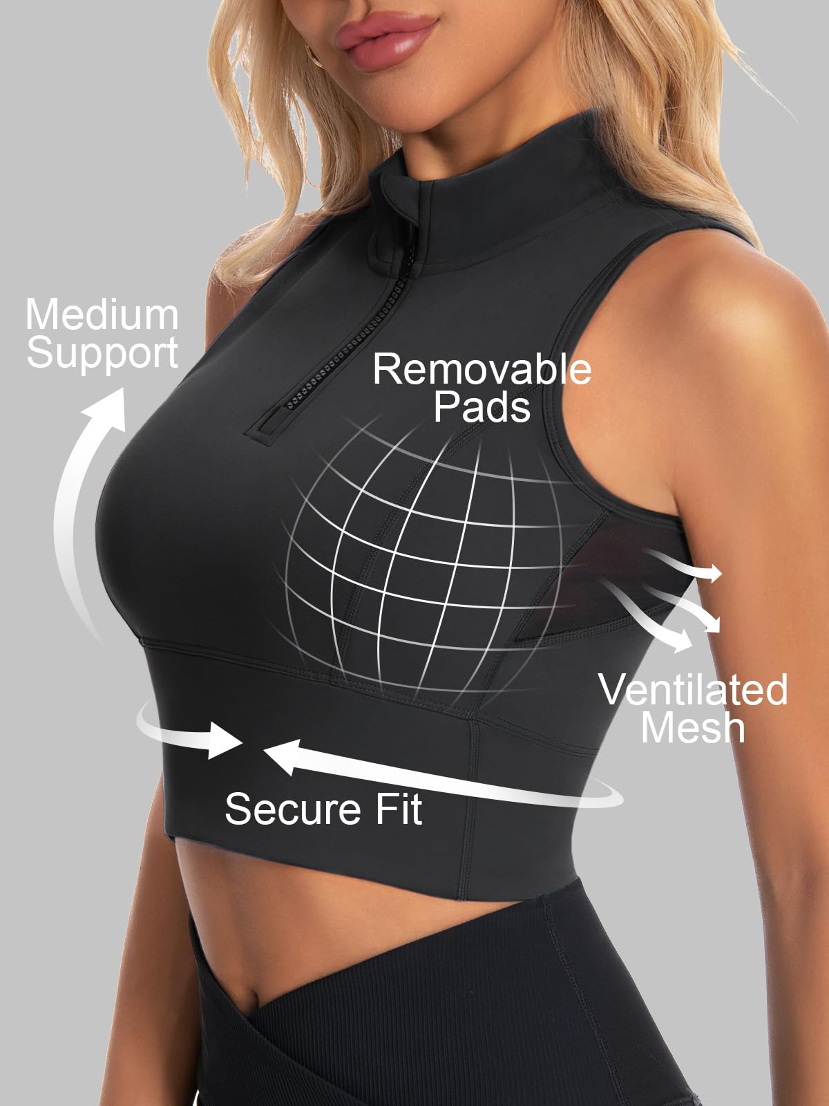 AAARYA Zip Front Cropped Workout Tank Tops with Built in Sports Bra Black M