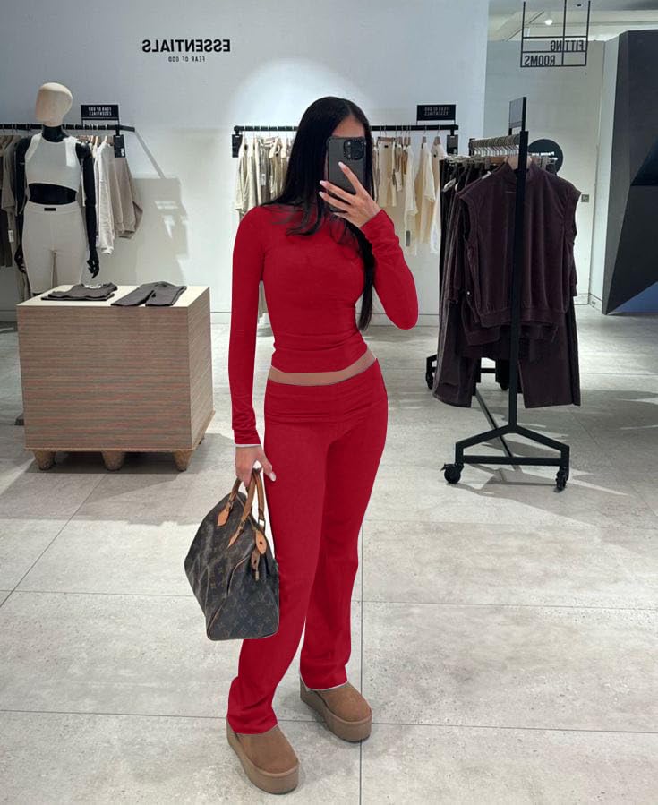 AYWA Women's 2 Piece Outfits Foldover Flare Pants Long Sleeve Crew Neck T-shirt Fitted Pajama Sets (Bric, Medium)
