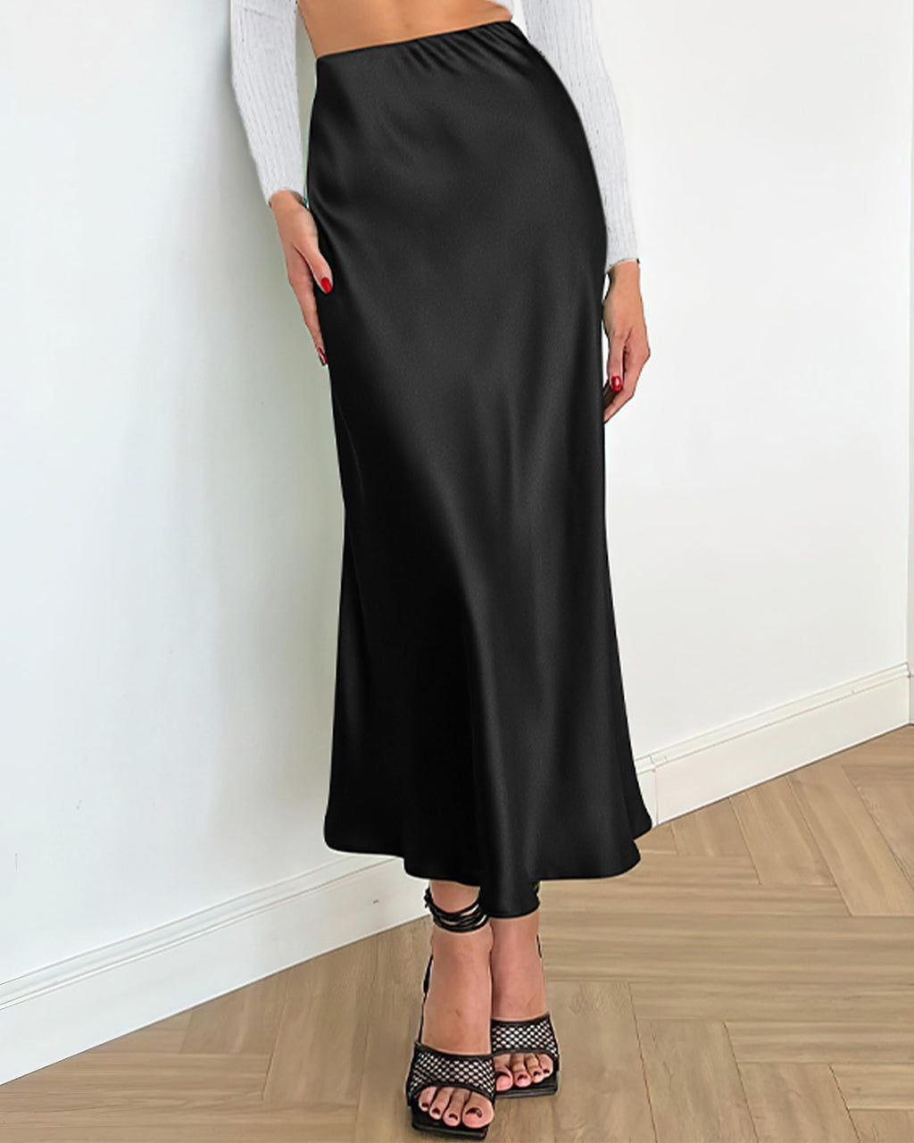 BTFBM 2026 Womens Spring Summer Long Satin Skirt Silk Elegant High Waist Cocktail Party Wedding Flowy A-Line Midi Skirts(Black, Small)