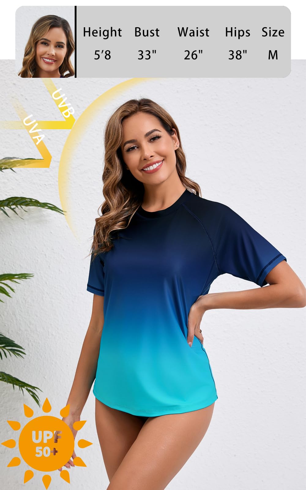 Halcurt Women's Short Sleeve Rash Guard Swimsuit Top with Built in Bra Swim Shirt UPF50+ Quick Dry Bathing Suit Ombre Blue XL