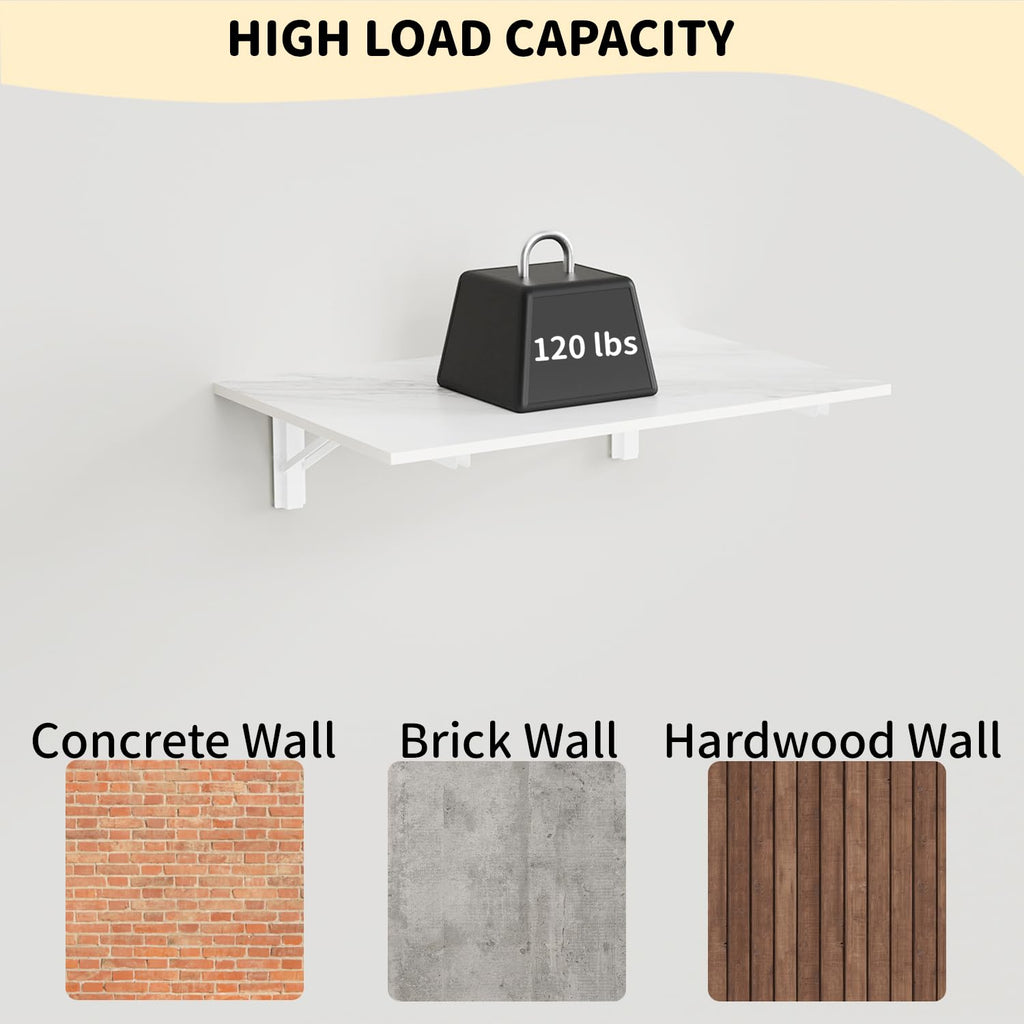 GOYLSER Wall Mounted Table Fold Down Workbench Length 25" Width 15.7", White Marble Laundry Floating Desk for The Garage/Shed/Office/Bar/Home Kitchen & Dining Room
