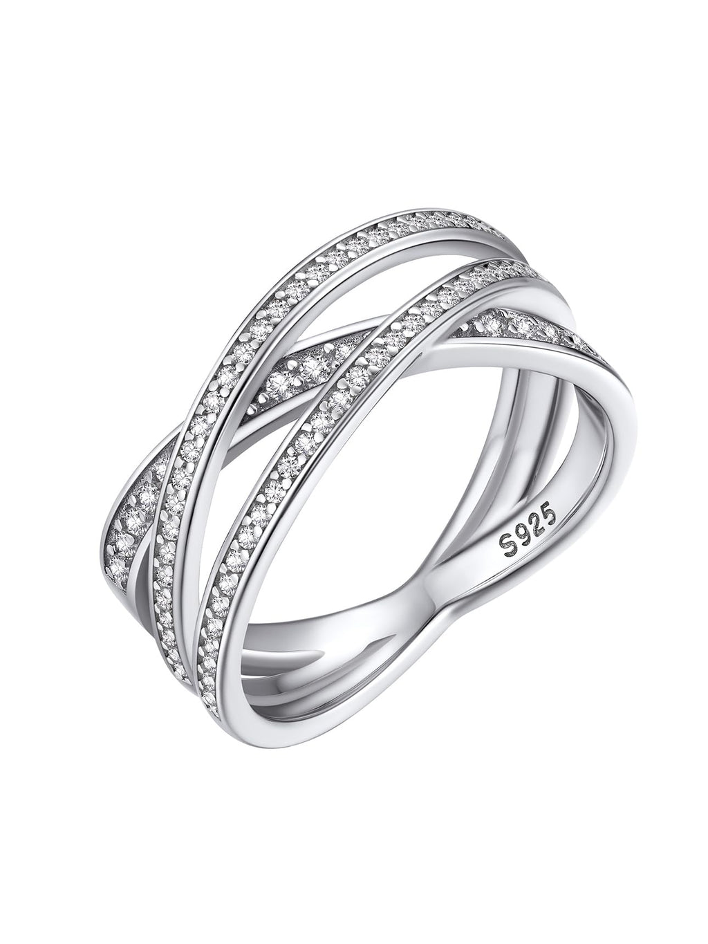 Bestyle 925 Sterling Silver Criss Cross Ring Casual Finger Diamond Ring for Women | Thin Band for Stacking | Simulated Diamond Eternity Wedding Band | Size 8