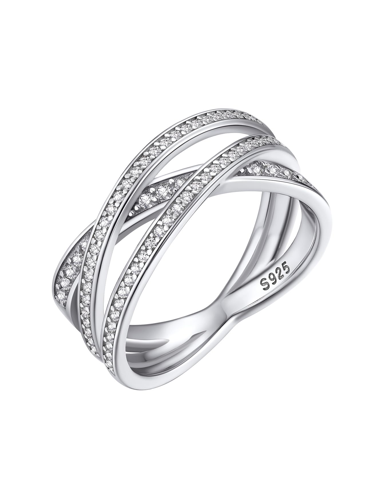 Bestyle 925 Sterling Silver Criss Cross Ring Casual Finger Diamond Ring for Women | Thin Band for Stacking | Simulated Diamond Eternity Wedding Band | Size 8