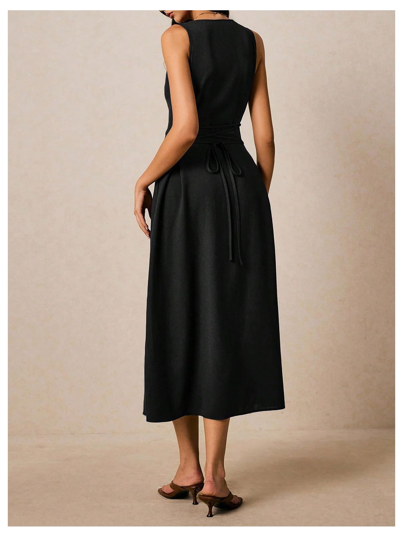 WDIRARA Women's Button Down Sleeveless Midi Dress Crew Neck Tie Back Dressy Tank Dress with Pockets Black Medium