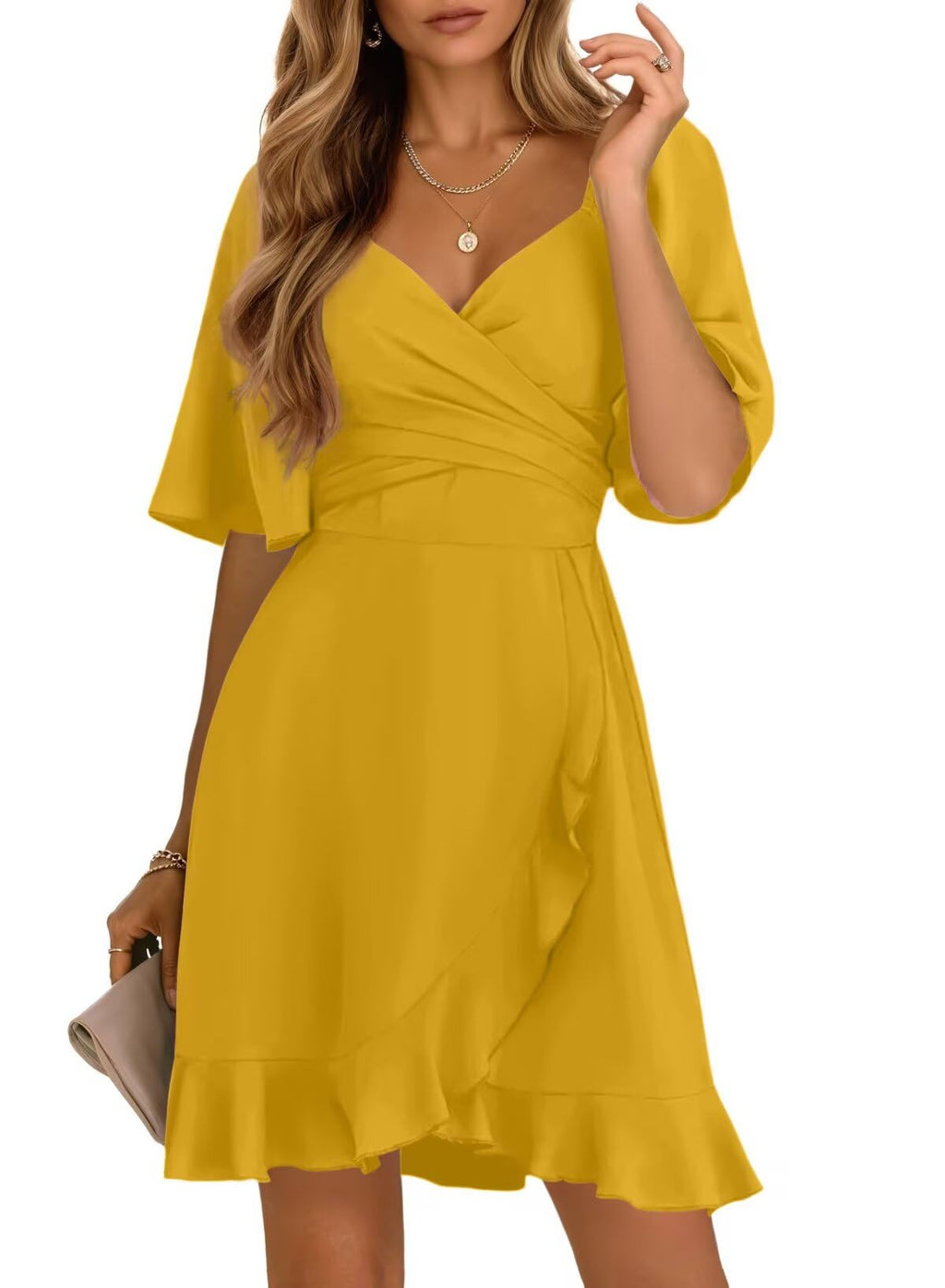 Dokotoo Dress for Women Summer Wrap V Neck Short Sleeve Smocked Elastic Waist Tiered Belted Ruffle Hem Mini Dress Party Dress Cocktail Dress Citrus L