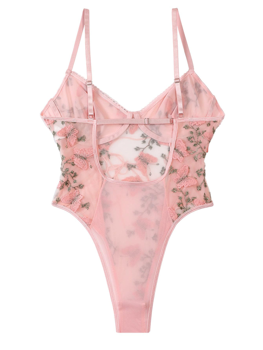 Lilosy Women Sexy Lace Up Butterfly Embroidered Teddy Babydoll Lingerie Bodysuit Top Mesh Sheer One Piece See Through Light Pink Medium