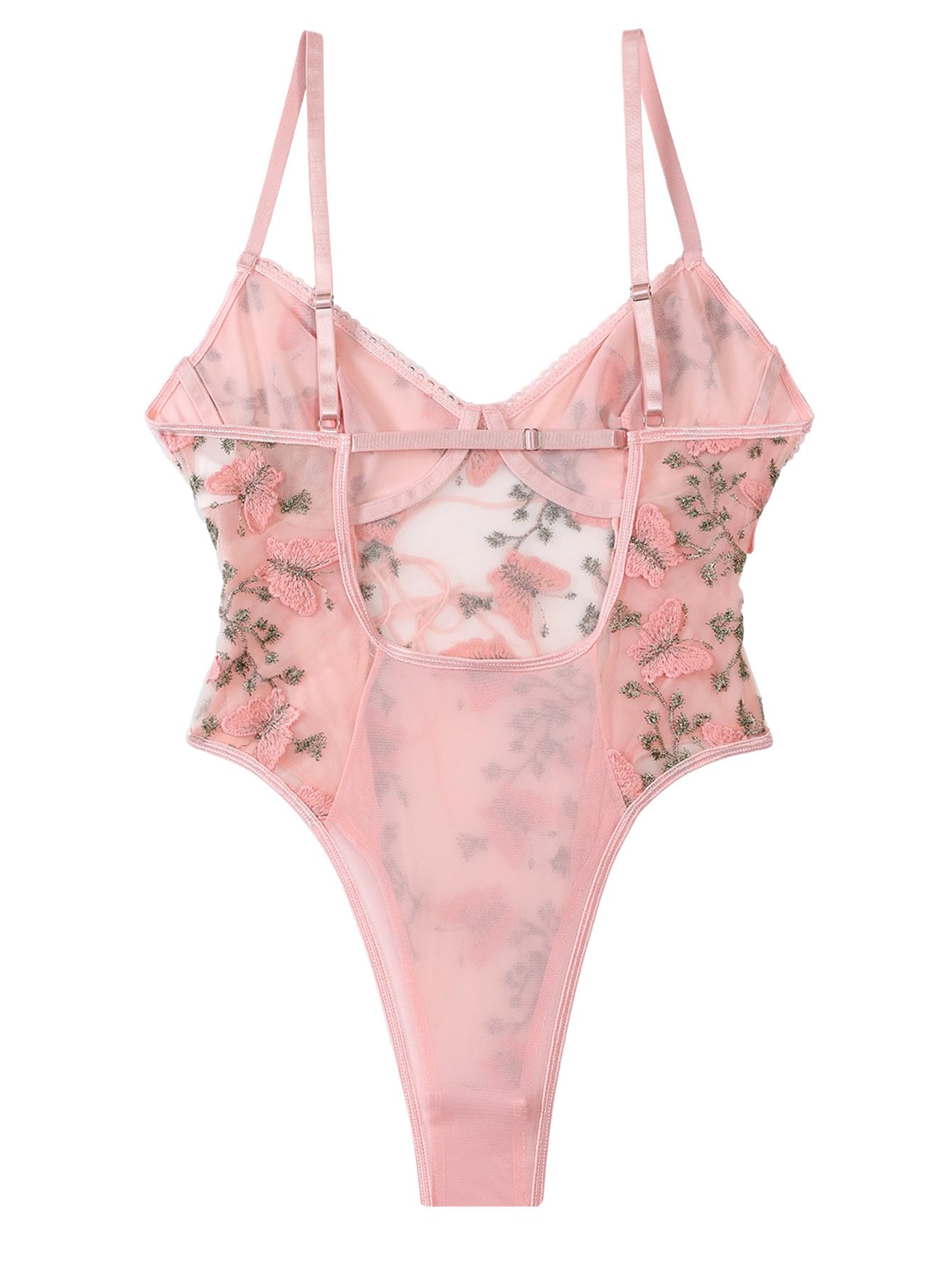 Lilosy Women Sexy Lace Up Butterfly Embroidered Teddy Babydoll Lingerie Bodysuit Top Mesh Sheer One Piece See Through Light Pink Medium