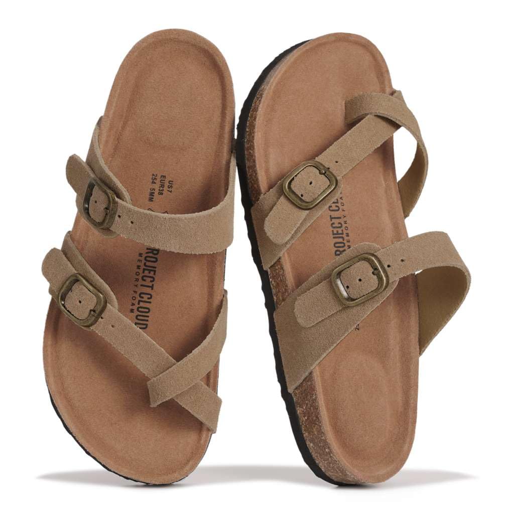 Project Cloud 100% Genuine Leather Womens Sandals -Lightweight Womens Slides Memory Foam Insole & Cork Footbed Sandals Women - Non-Slip Beach Essentials Summer Sandals for Women 2026(LianW,CHSTNT,8.5)
