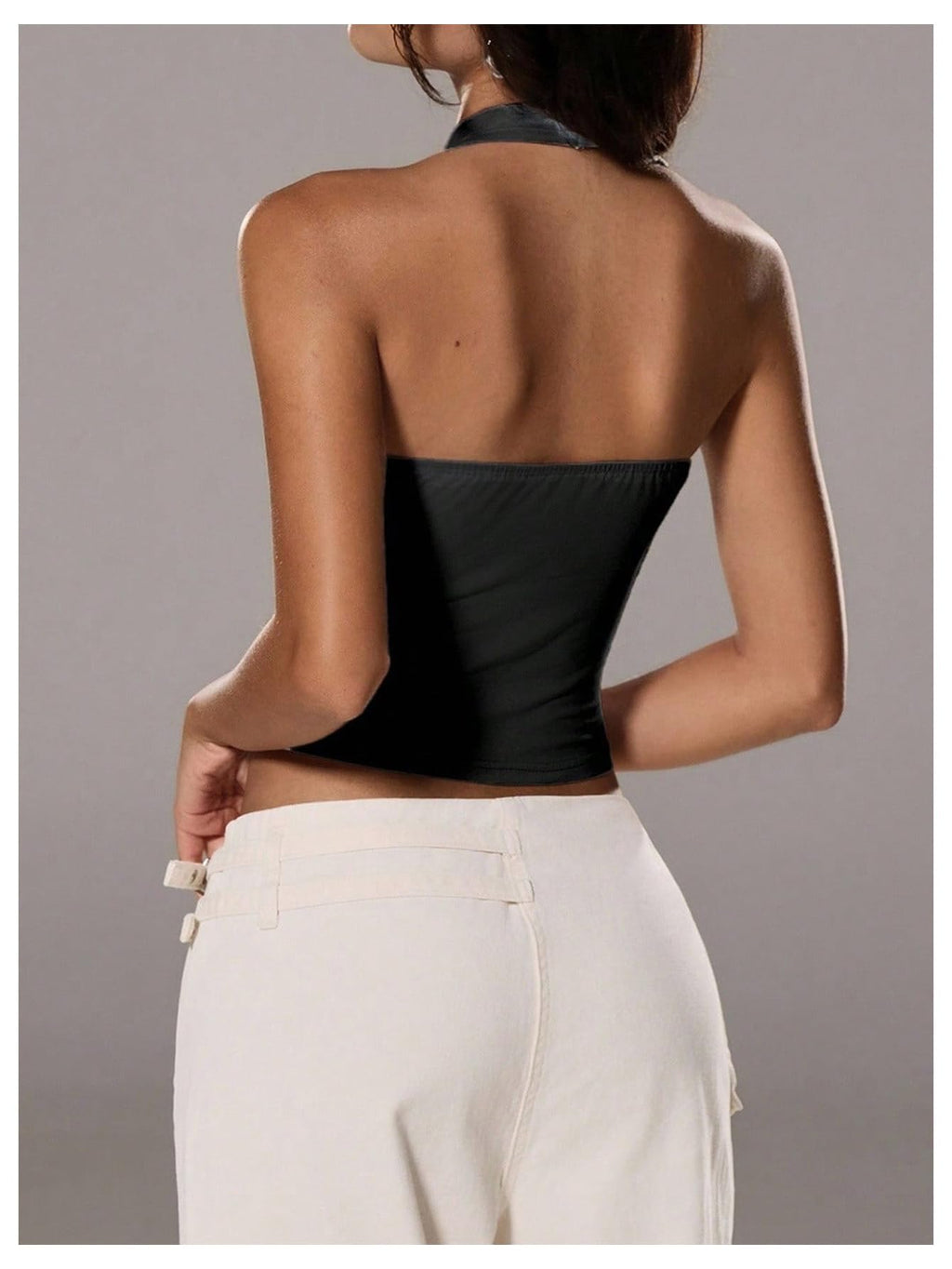 WDIRARA Women's Ruched Ring Halter Tops Open Back Sleeveless Night Out Fitted Tank Top Black Small
