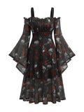 Rosegal Plus Size Women Medieval Renaissance Costume - Gothic Bell Sleeves Cold Shoulder Skulls Rose Mesh Dress - Halloween Witch Cosplay (Black 2/L)