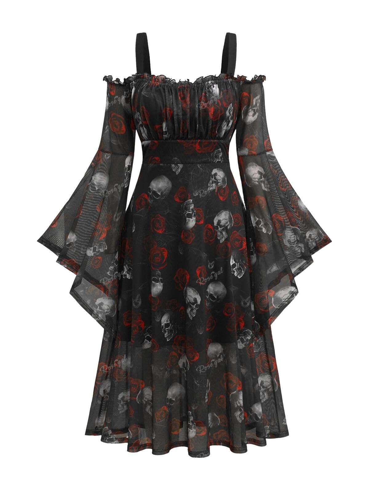 Rosegal Plus Size Women Medieval Renaissance Costume - Gothic Bell Sleeves Cold Shoulder Skulls Rose Mesh Dress - Halloween Witch Cosplay (Black 2/L)