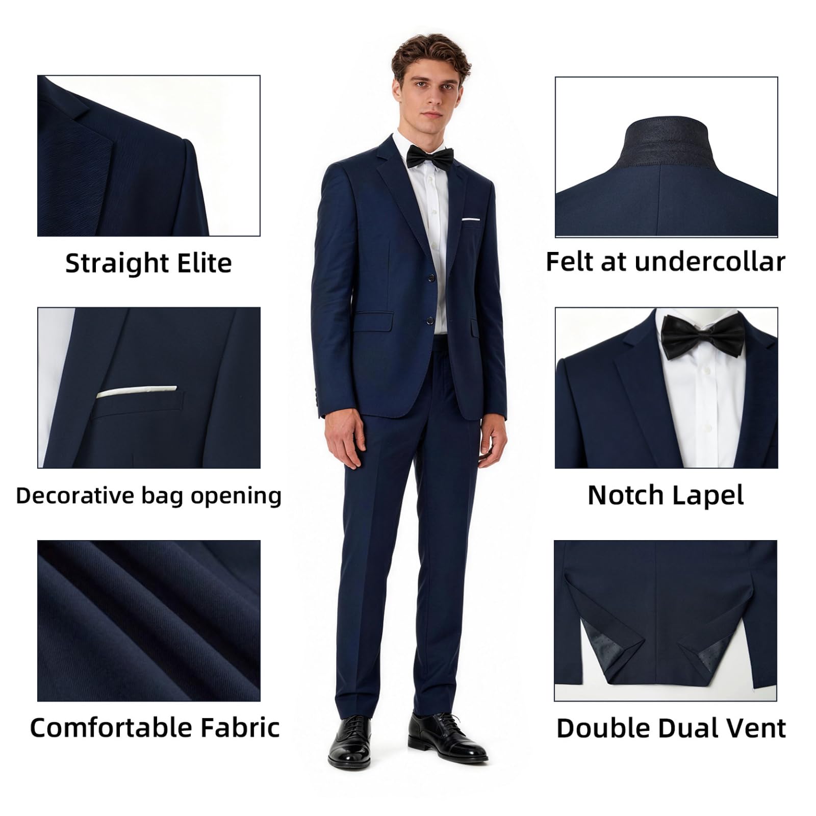 Men's Suit Set 2Pcs Slim Fit Elegant Solid Dress Blazer Pants,Formal Mens Tuxedo Set Single Breasted 2 Button for Business,Weddings,Parties,Proms,Interview,Funeral,Office(QH2501-Navy-1-XS)