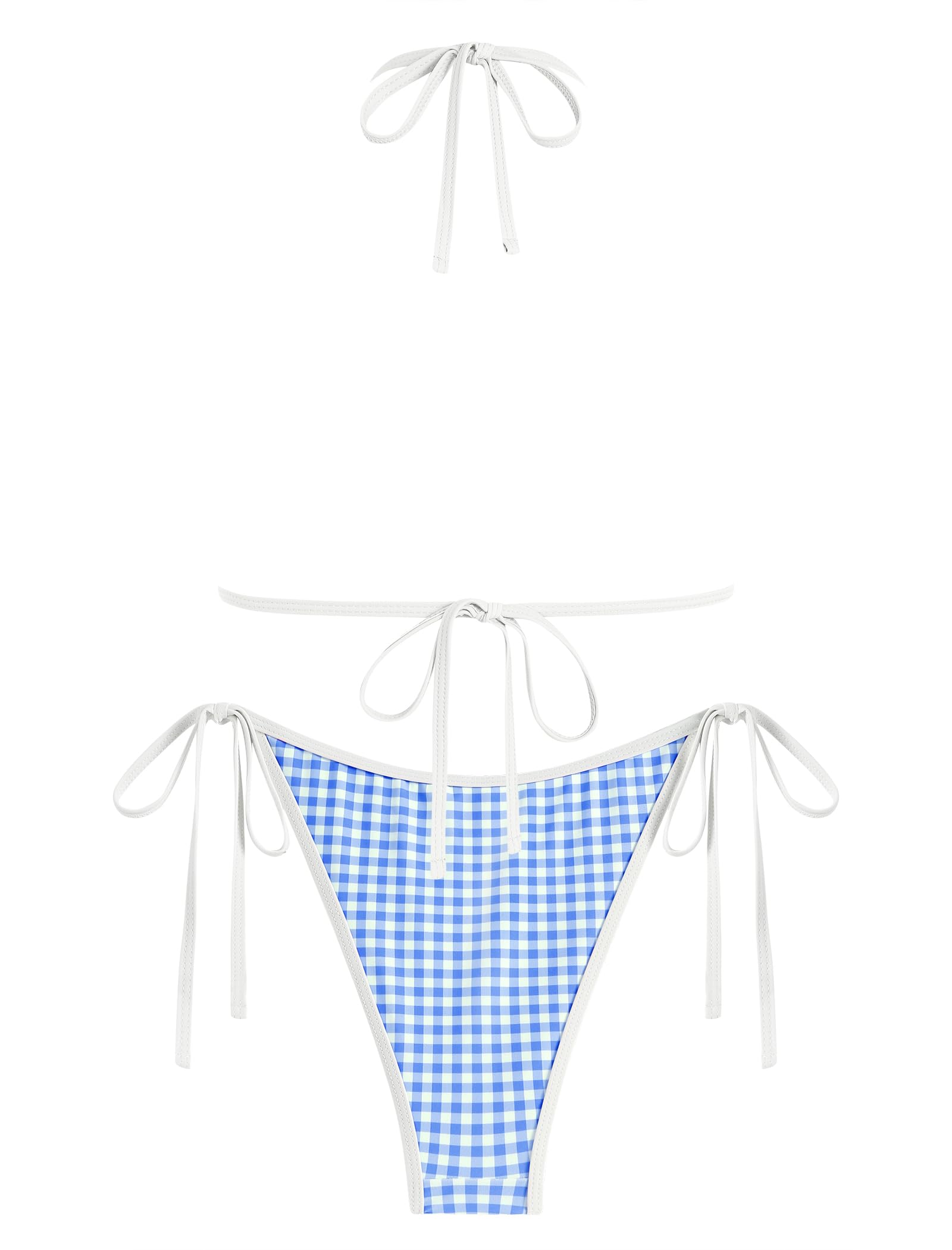 ZAFUL Bikini Sets for Women Halter Bow Decor Tiny Floral Gingham Print Swimsuit Tie Side 2 Pieces Bathing Suit (2-a-Sky Blue, M)