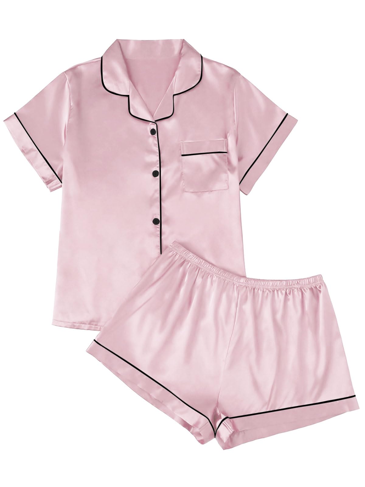 LILLUSORY Silk Satin Pajama Set for Women 2 Piece Lounge Pjs Winter Matching Summer Sleepwear Button Down Shirt Shorts Pink M