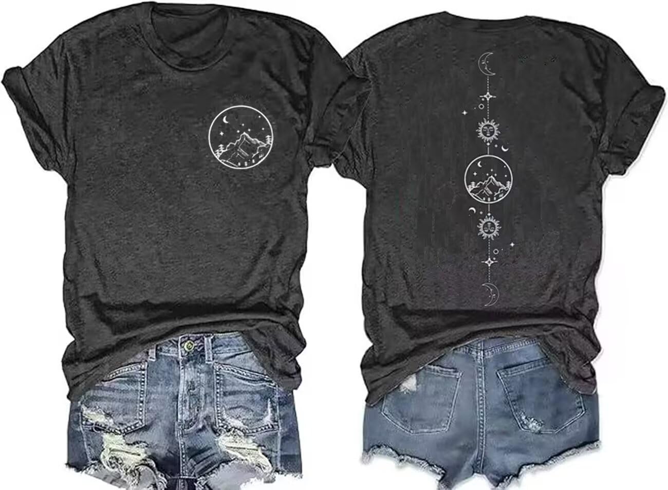 GEKYKOC Moon and Sun Shirts for Women Vintage Graphic Tshirt Mountain Hiking Short Sleeve Tees Vacation Funny Shirt (Medium, Grey)
