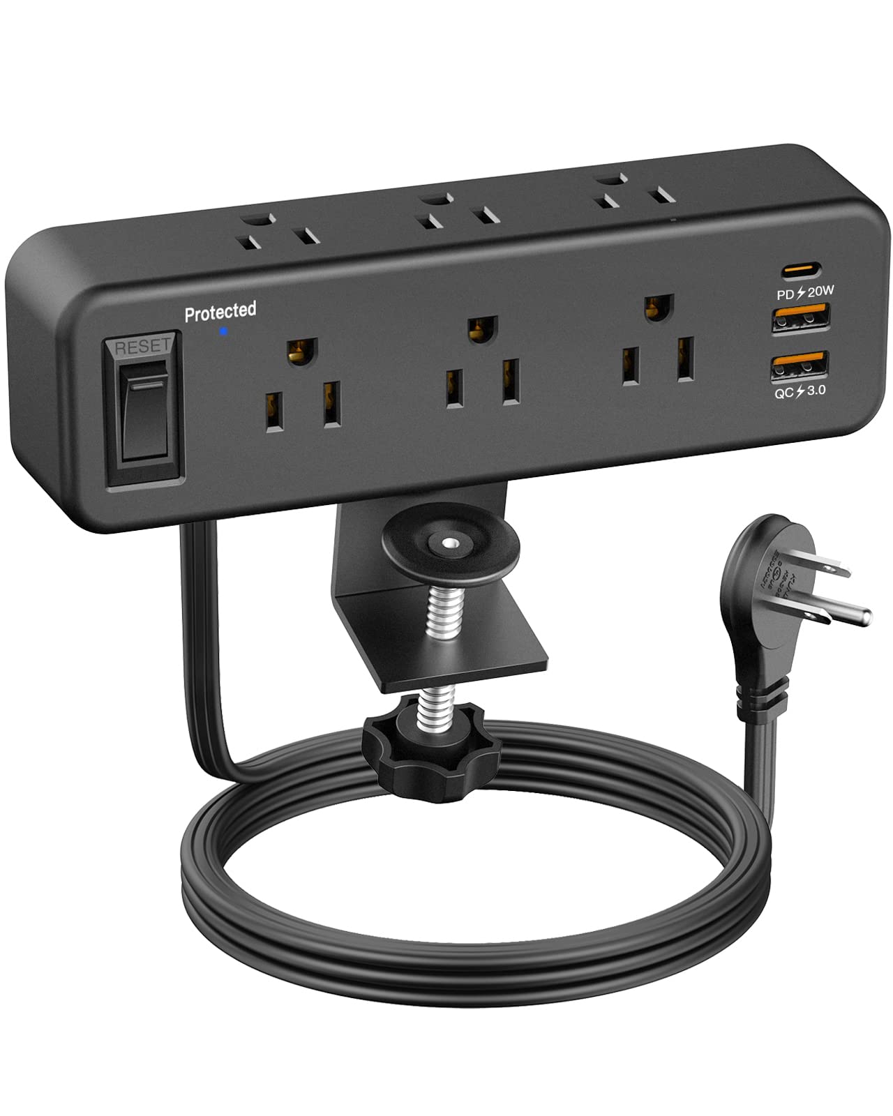 6 Outlet Desk Clamp Power Strip with USB C, Flat Plug Surge Protector, Desktop Edge Mount for 1.8 inch Tabletop Thick, Connect 6 ft Extension Cord, Table Edge Socket with Switch, Black