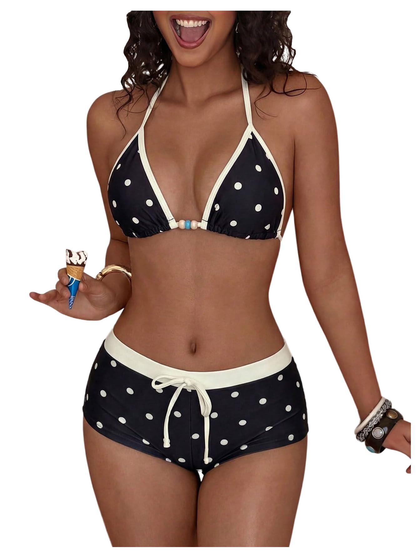 WDIRARA Women's Polka Dots 2 Piece Swimsuit Triangle Halter Bikini Set Boyshorts Bathing Suit Black Medium