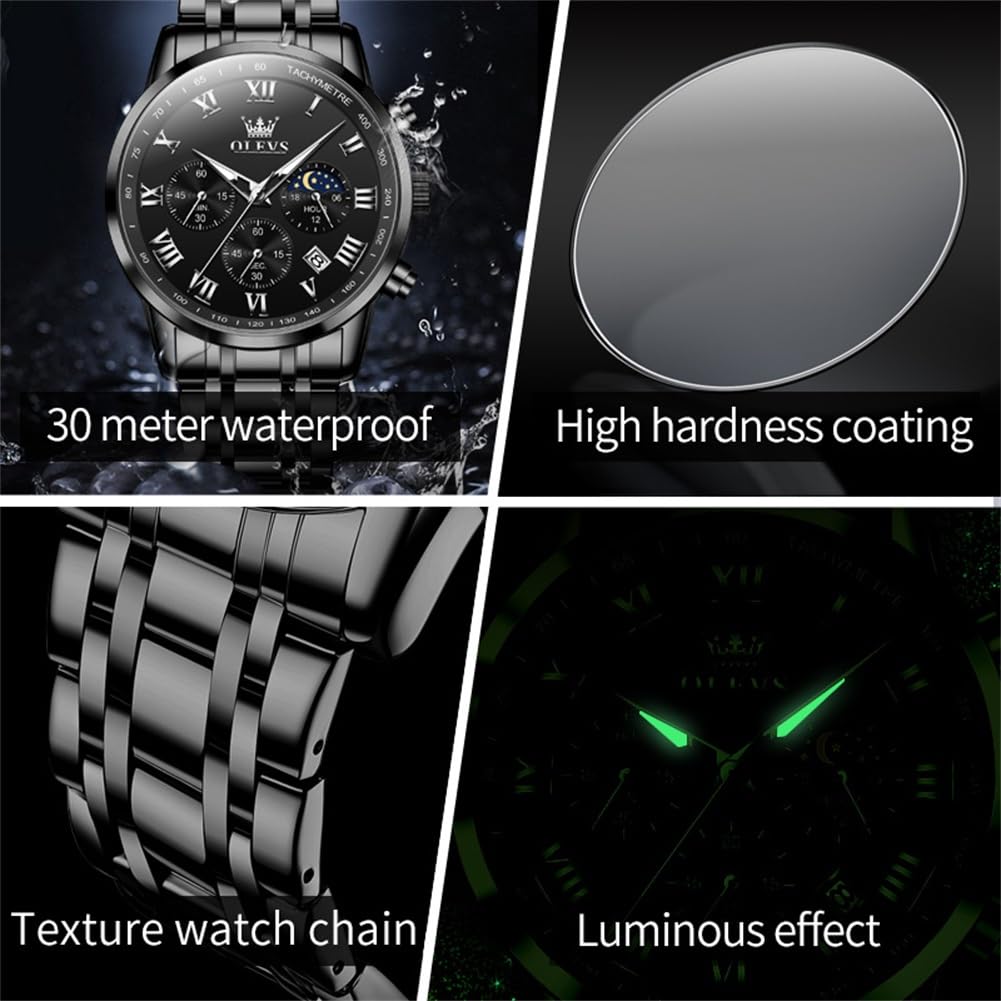 OLEVS Watch Men Luxury Black Watches for Men Dress Luminous Waterproof Analog Quartz Mens Watches with Date Fashion Stainless Steel Large Face Chronograph Moon Phase Classic Wrist Watch for Man
