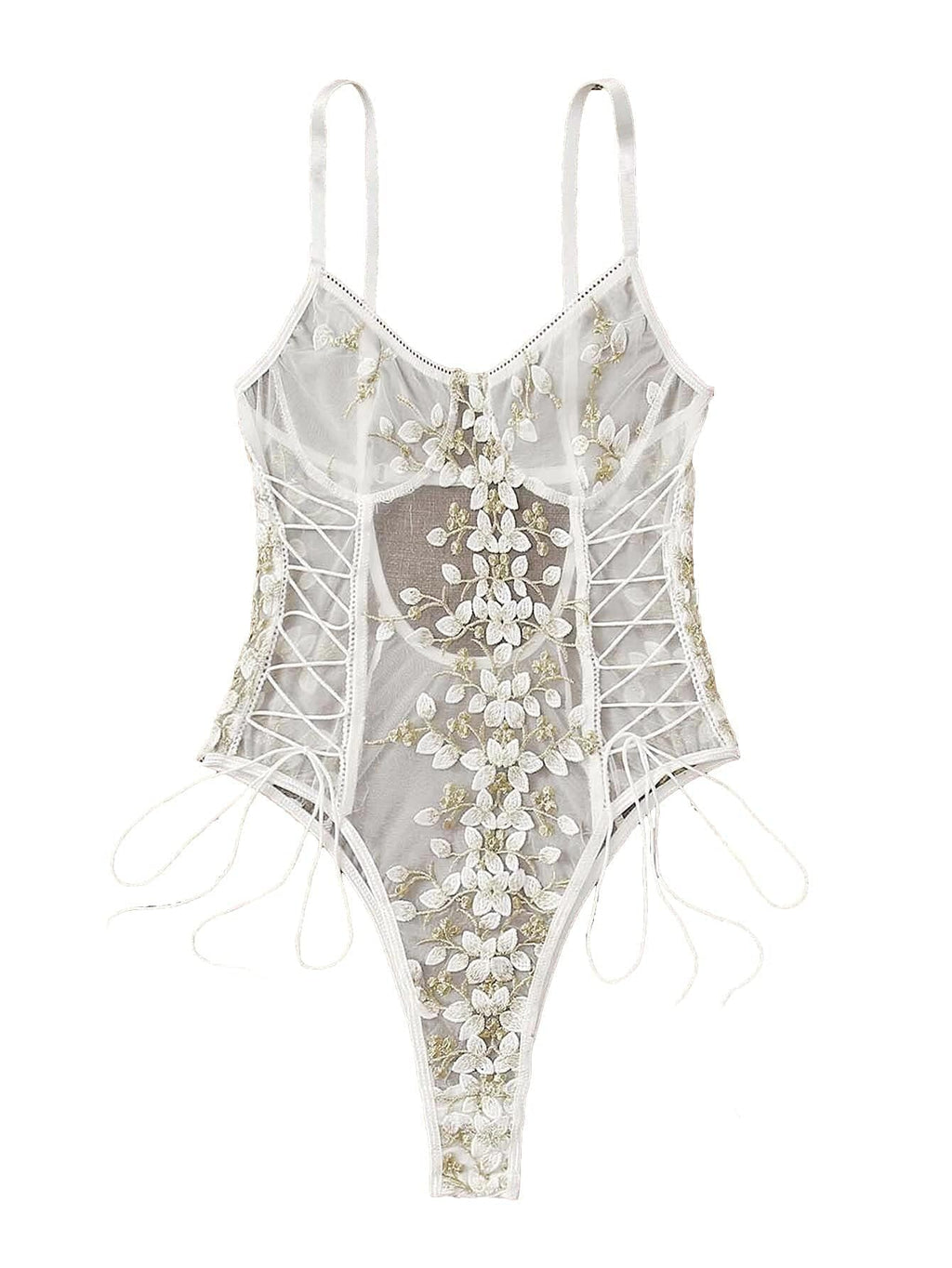 Lilosy Women Sexy Lace Up Floral Embroidered Teddy Babydoll Lingerie Bodysuit Top Mesh Sheer One Piece See Through White Medium