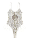 Lilosy Women Sexy Lace Up Floral Embroidered Teddy Babydoll Lingerie Bodysuit Top Mesh Sheer One Piece See Through White Medium