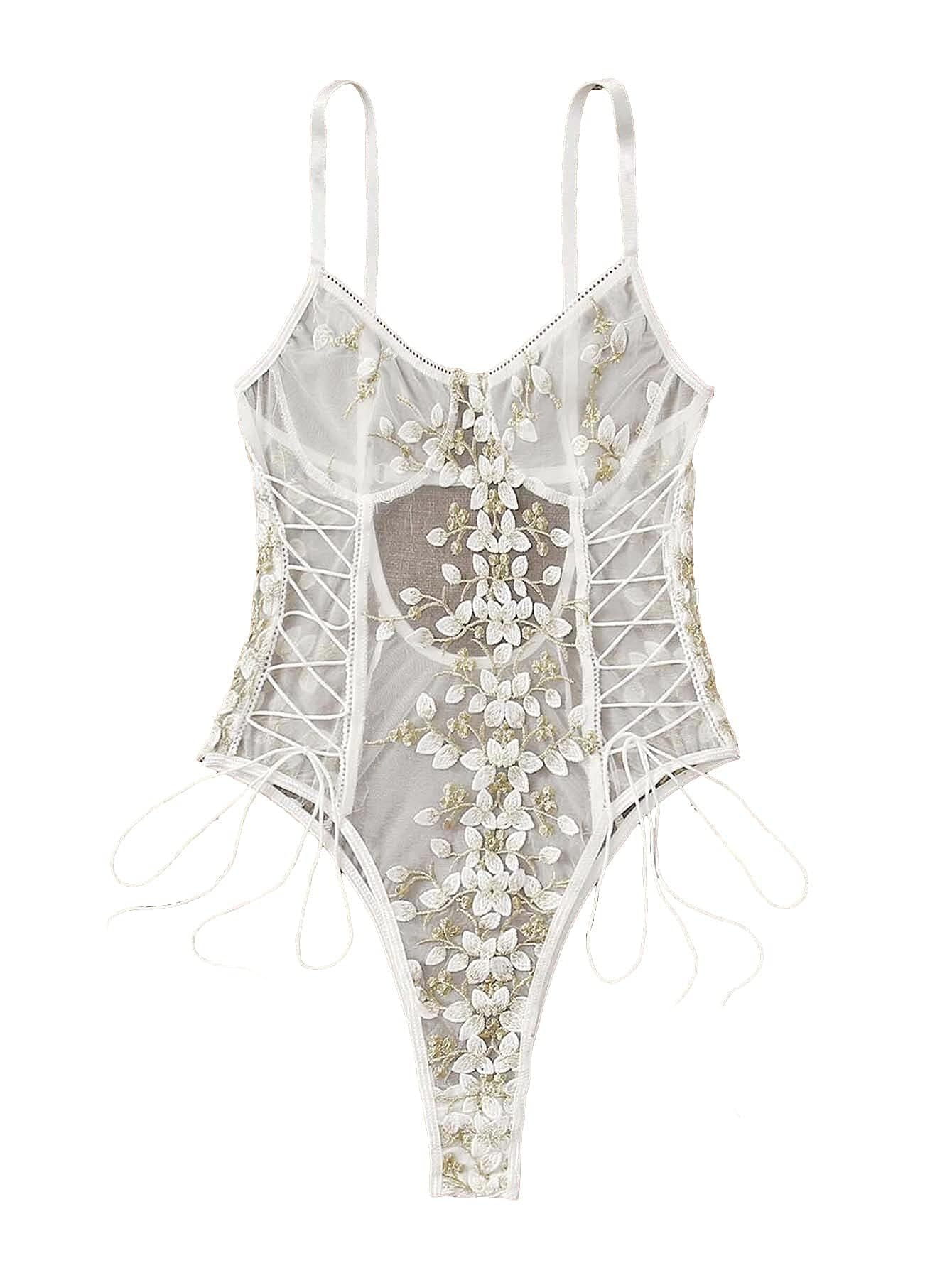 Lilosy Women Sexy Lace Up Floral Embroidered Teddy Babydoll Lingerie Bodysuit Top Mesh Sheer One Piece See Through White Medium