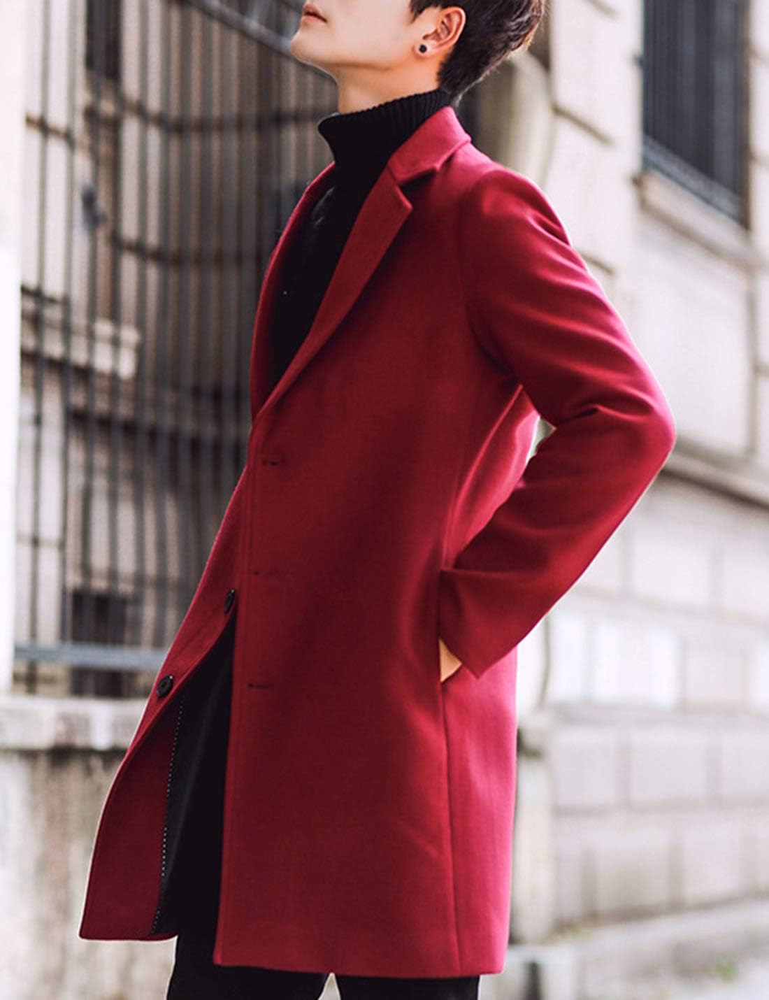 Springrain Men's Wool Blend Pea Coat Notched Collar Single Breasted Overcoat Warm Winter Trench Coat(Red-S)