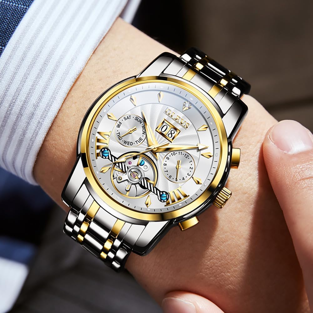 OLEVS Men Automatic Watch Luxury Classic Mechanical Skeleton Waterproof Luminous Stainless Steel Date Calendar Two Tone Wrist Watches