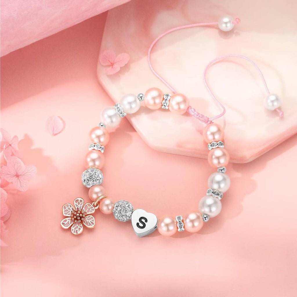 MONOOC Gifts for Kids Girls - Heart Initial Bracelets for Girl Gift Ideas, Letter M Adjustable Beaded Bracelet for Kids Jewelry, Flower Girl Gift Bracelet Birthday Gifts for Girls Kid