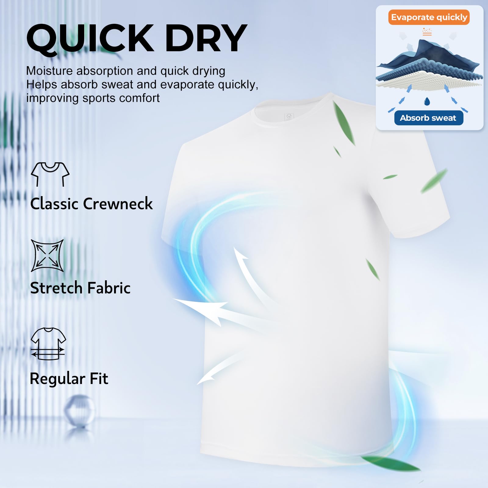 BAMBOO COOL Men's Undershirts for Men Pack,Moisture-Wicking Tees,Stretch Crew Neck Soft T-Shirts(White, 3 Pack)
