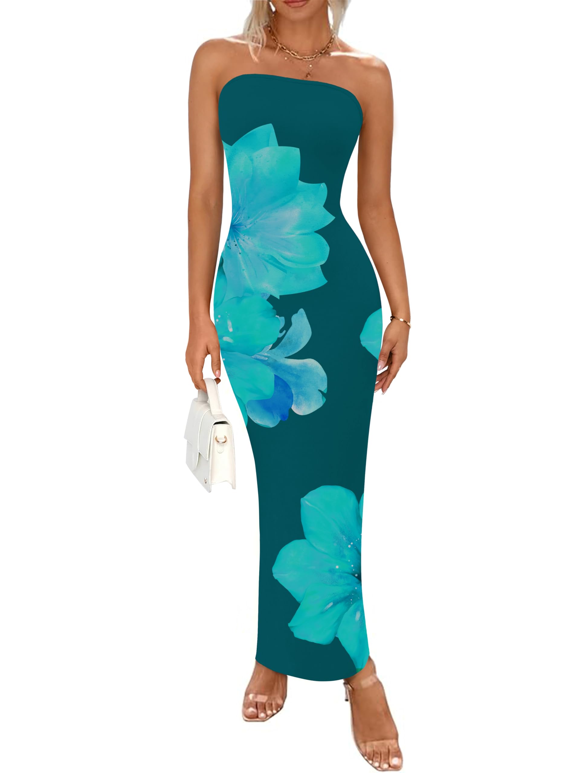 PRETTYGARDEN Women Summer Strapless Maxi Dress Bodycon Floral Sexy Long Wedding Guest Dress Formal Tube Mesh Cocktail Dresses(Dark Green Floral,Large)