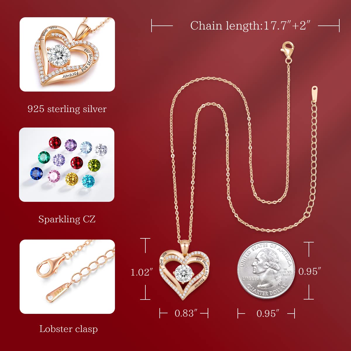 CDE Valentine's Day Gift Forever Love Heart Necklaces for Women, Wedding Anniversary, Birthday Mothers Day Christmas Day Gifts for Mom, Mother, Wife, friend, S925 Silver Jewelry with Birthstone Pendant