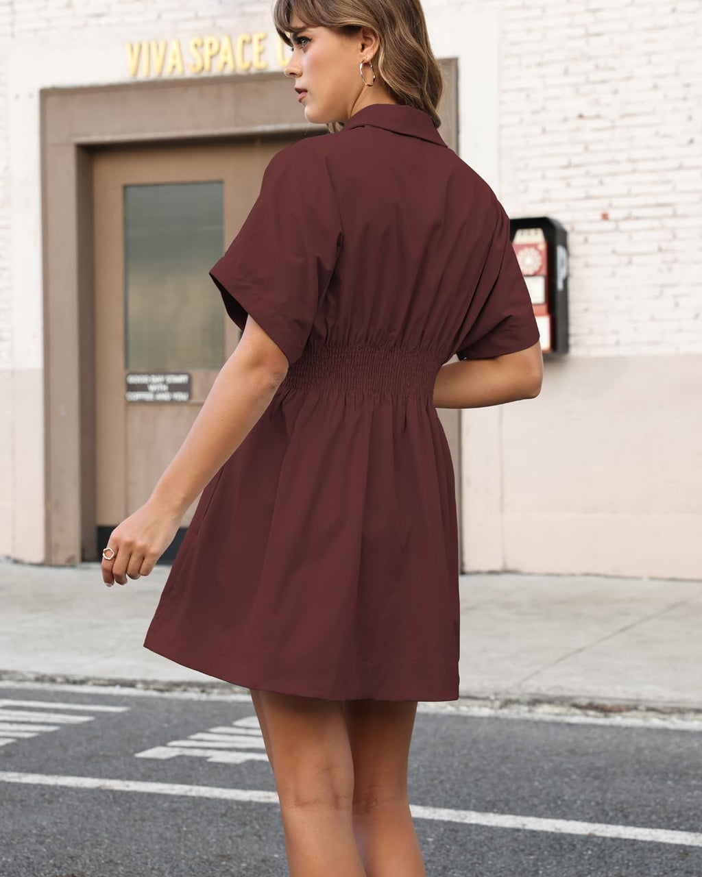 Shy Velvet Women’s Mini Shirt Dress Casual Button Down Short Sleeve Collared Summer Dresses Burgundy