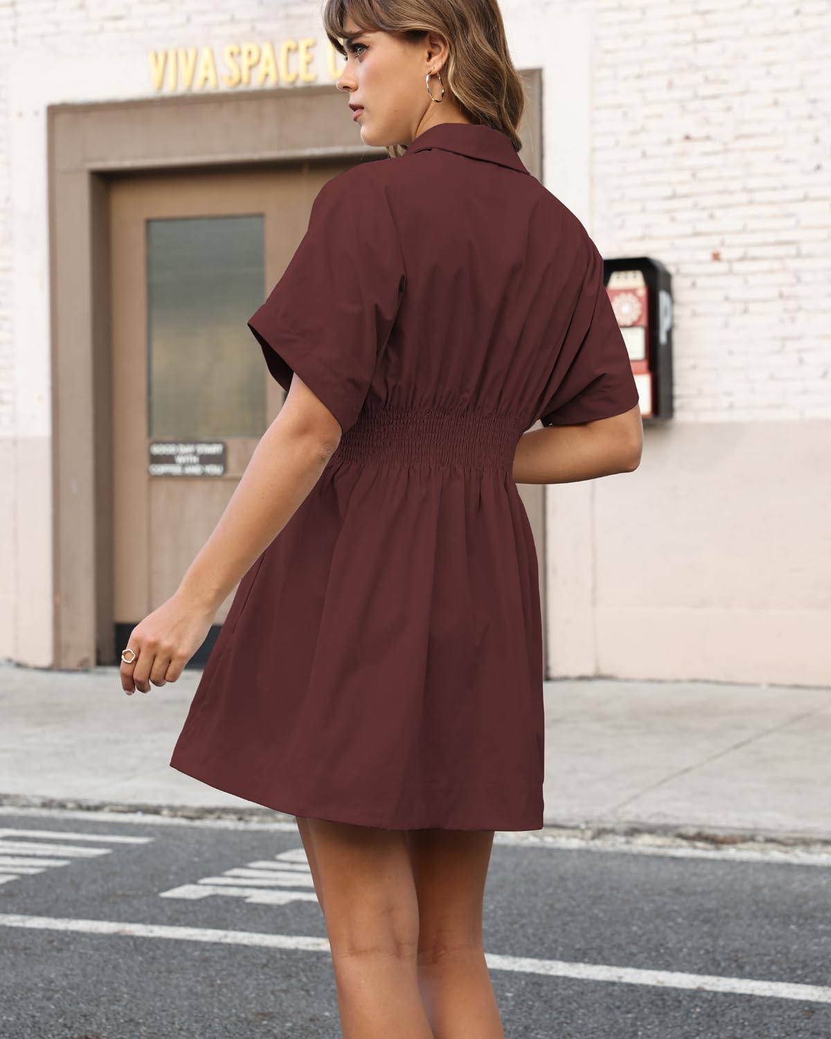Shy Velvet Women’s Mini Shirt Dress Casual Button Down Short Sleeve Collared Summer Dresses Burgundy