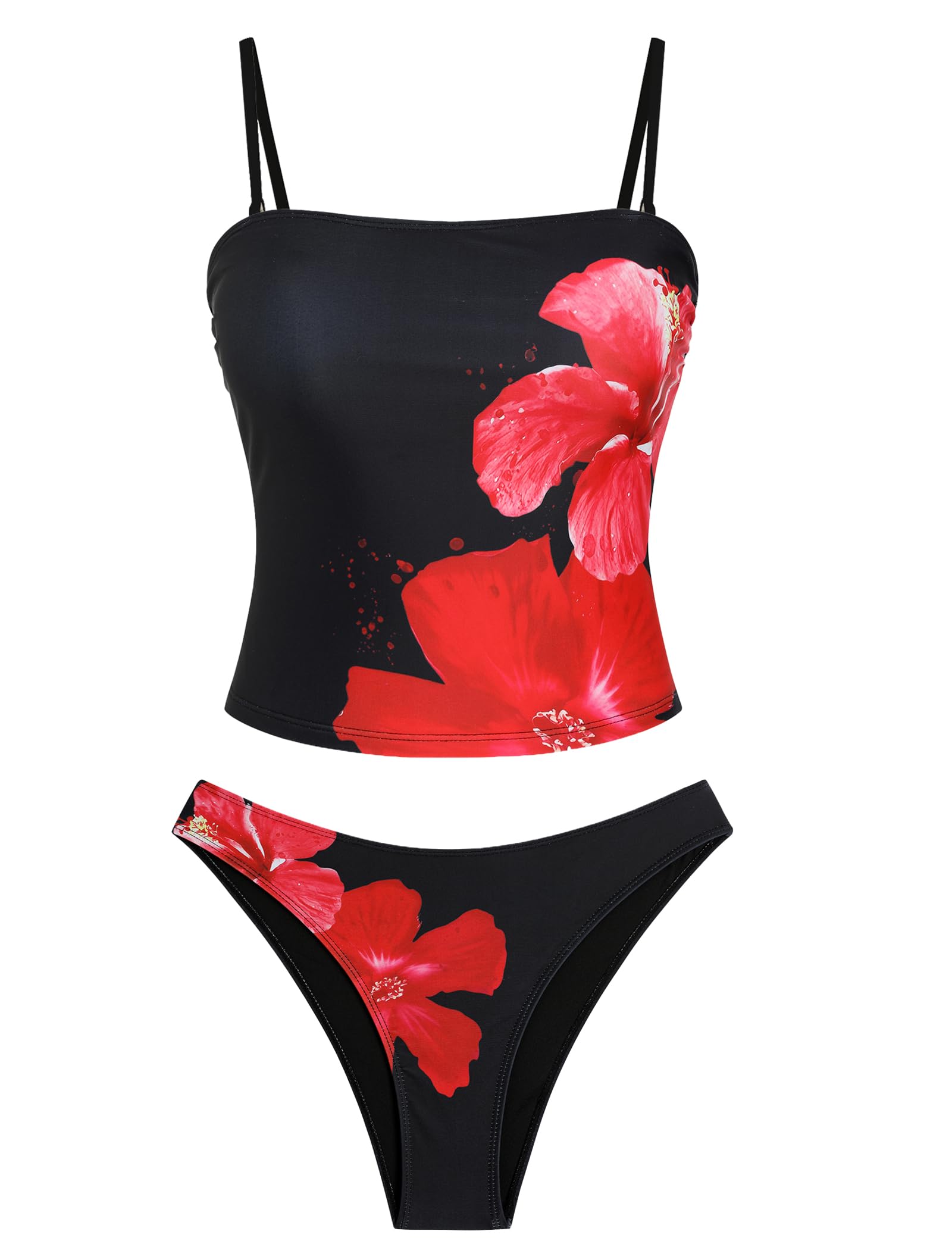 ZAFUL Women's Floral Tankini Swimsuits Bandeau Tummy Control High Cut Tankini Set Two Piece Bathing Suit(1-Red Flower, M)
