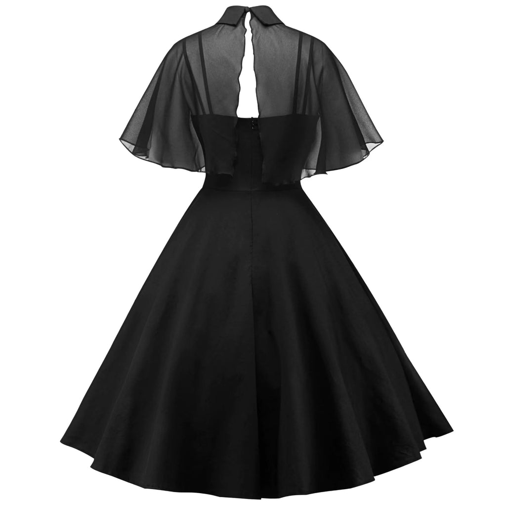 1950s Vintage Goth Dresses Womens Gothic Swing Cocktail Dress with Chiffon Shawl Black L