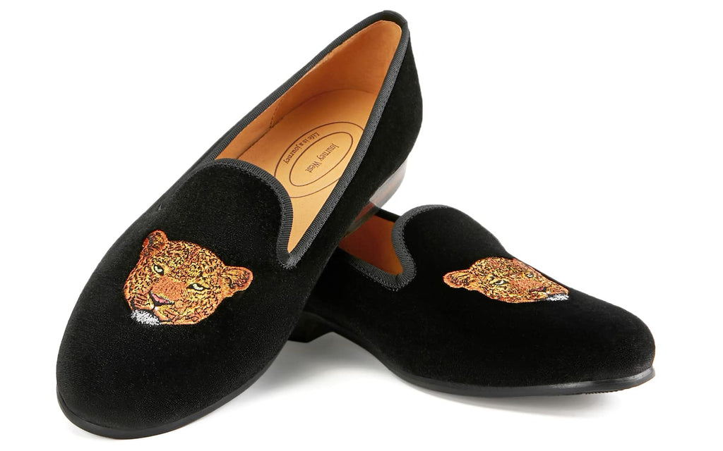 Journey West Men's Velvet Loafers Embroidery Slip-On Loafers Tuxedo Dress Shoes Smoking Slippers for Men Leopard Black 9