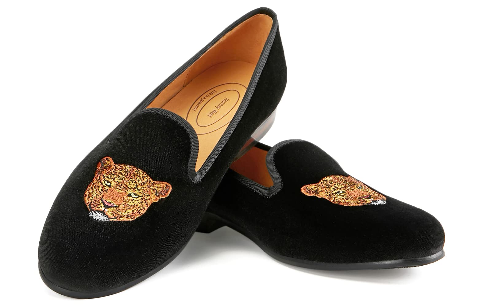 Journey West Men's Velvet Loafers Embroidery Slip-On Loafers Tuxedo Dress Shoes Smoking Slippers for Men Leopard Black 9
