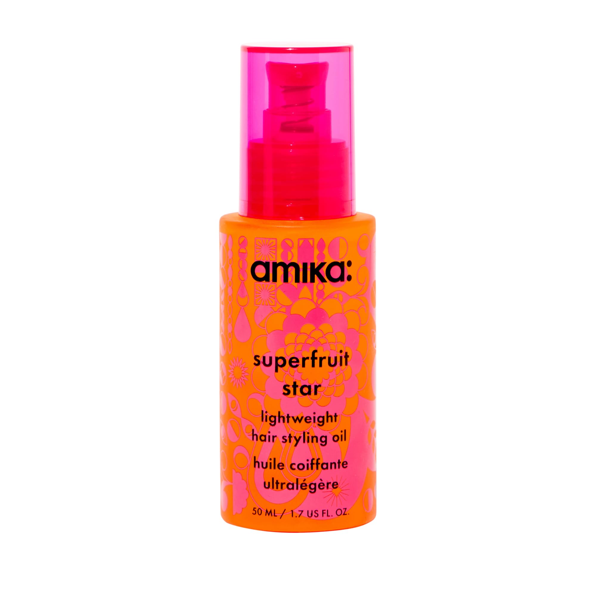 amika superfruit star lightweight hair styling + heat defense oil, 1.7oz | heat protection, strengthen + reduce breakage, smooth frizz, add glossy shine